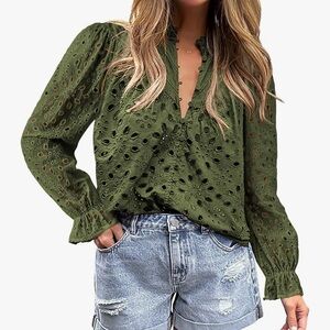 Olive Eyelet V-Neck Long Sleeve Top - Women
